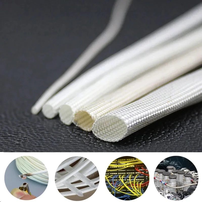 ท่อไฟเบอร์อ่อนถักสีขาวสายฉนวนกันความร้อน600°C ท่อไฟเบอร์กลาส Sleeving อุณหภูมิสูงขนาด 1-50 มม. เส้นผ่านศูนย์กลาง