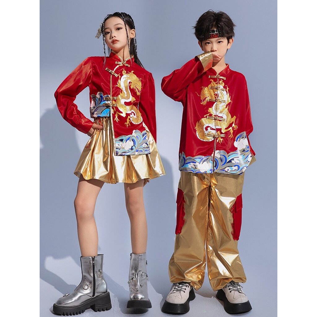 พร้อมส่ง ชุดตรุษจีน กี่เพ้า เสื้อคอจีนแขนยาวสีแดงลายมังกร+กระโปรง กางเกงขายาว สีทอง