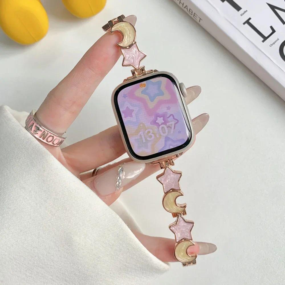 สายนาฬิกาข้อมือโลหะ ลายดาว ดวงจันทร์ สําหรับ Apple watch Series 9 8 7 6 5 se 4 3 2 i watch ultra 2 49 มม. 45 มม. 42 41 38 40 มม.