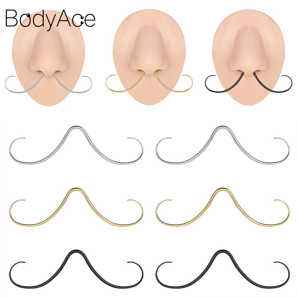 Bodyace จิวเจาะจมูก สเตนเลส รูปหนวด สีดํา 14/16 กรัม 1 ชิ้น