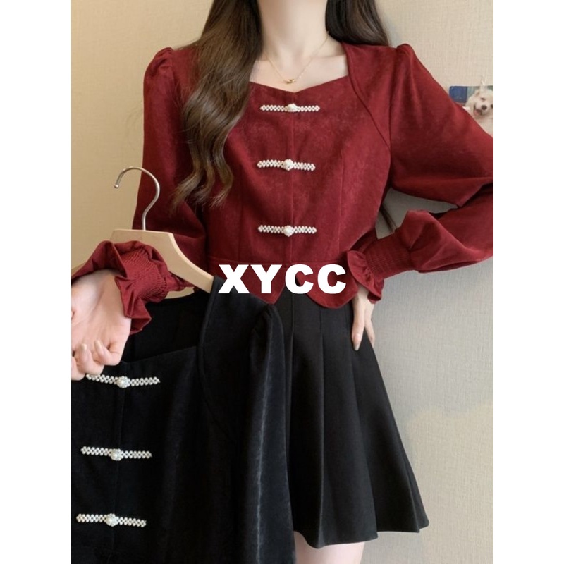 เสื้อเชิ้ตแขนยาว สีแดง แบบดั้งเดิม สไตล์จีน สําหรับผู้หญิง