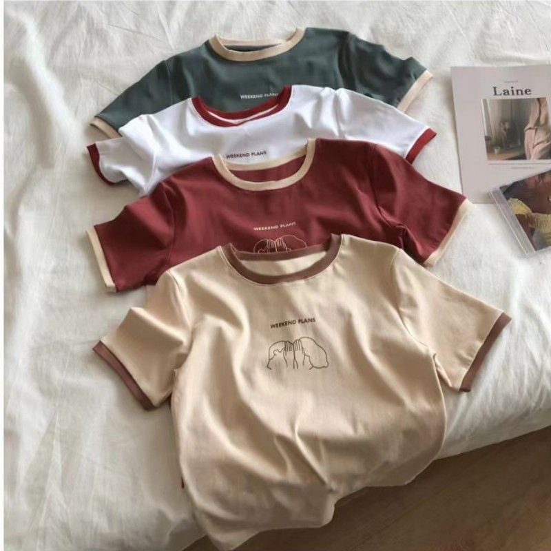 เสื้อยืดแขนสั้นลําลอง เข้ารูป แฟชั่นฤดูร้อน สไตล์เกาหลี สําหรับผู้หญิง
