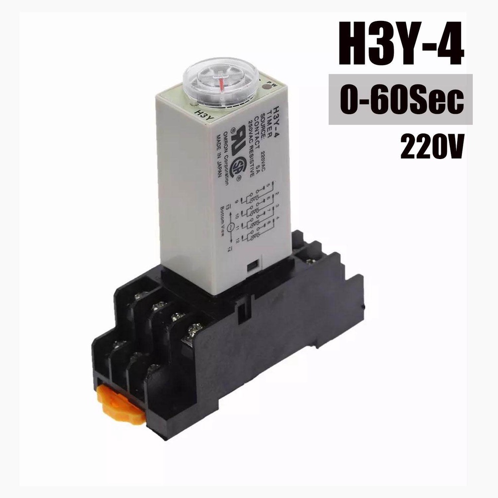 H3Y-4 Timer Relay AC 220V  0-60s  Delay Timer 220VAC Time Relay with Base Socket พร้อมขา
