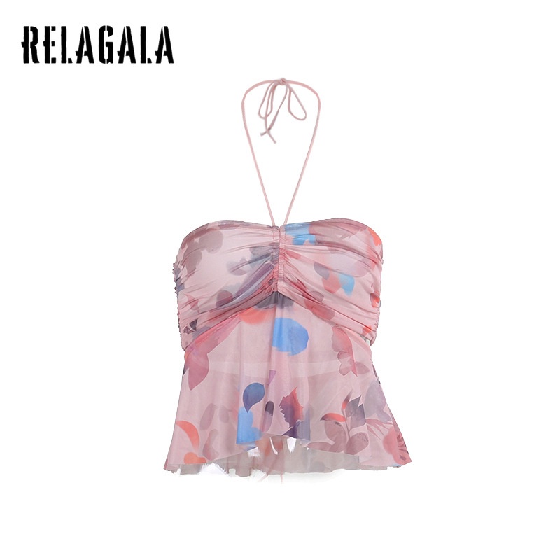 Relagala ใหม่ เสื้อยืดลําลอง แขนสั้น คอจับจีบ เข้ารูป พิมพ์ลาย เรียบง่าย แฟชั่นสําหรับสตรี 2024