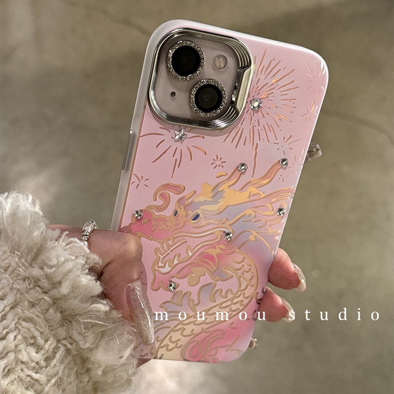 Huiwanju เคสป้องกันโทรศัพท์มือถือ ลายมังกร สีชมพู สําหรับ Iphone 15promax 14 13 12 11 xr xs xsmax 7p
