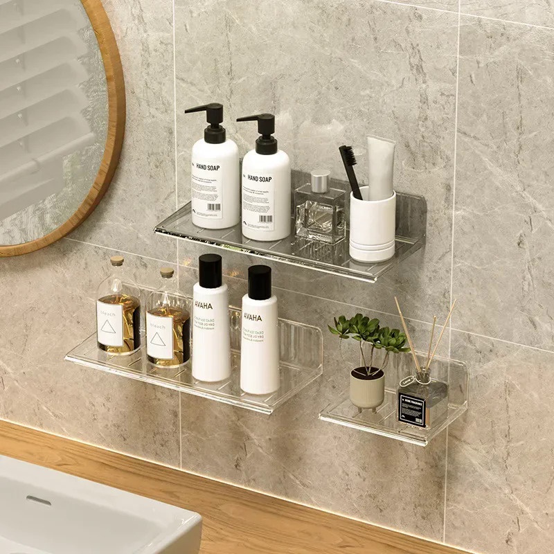 ！#@Toilet Storage Rack Transparent Plastic Wall Mounted Type Bathroom Storage Holders Shower Shampoo