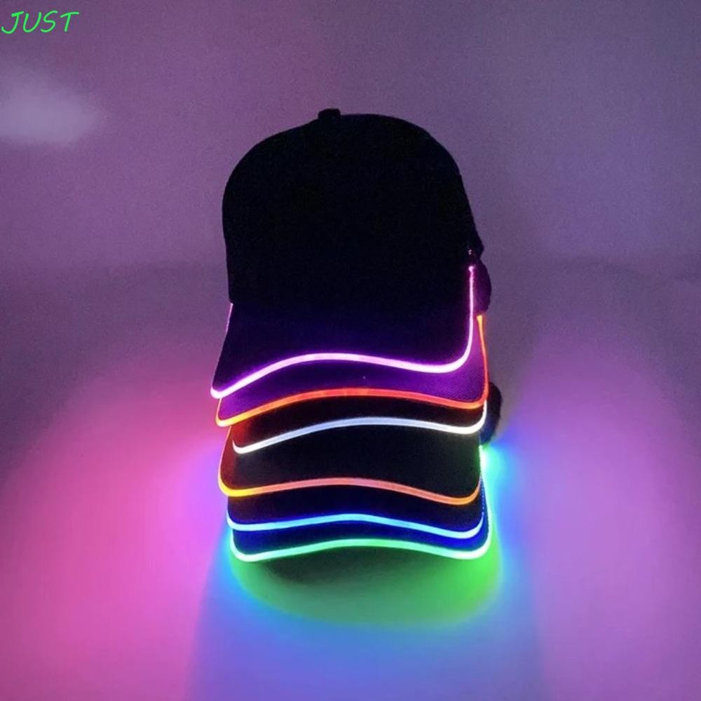 JUST หมวกปาร์ตี้ Rave ที่ประกาย, ไฟ LED กันแดดปรับได้, อุปกรณ์เสริมเสื้อผ้าฝ้ายไฟนีออนฮิปฮอปแสงเวทีประสิทธิภาพ