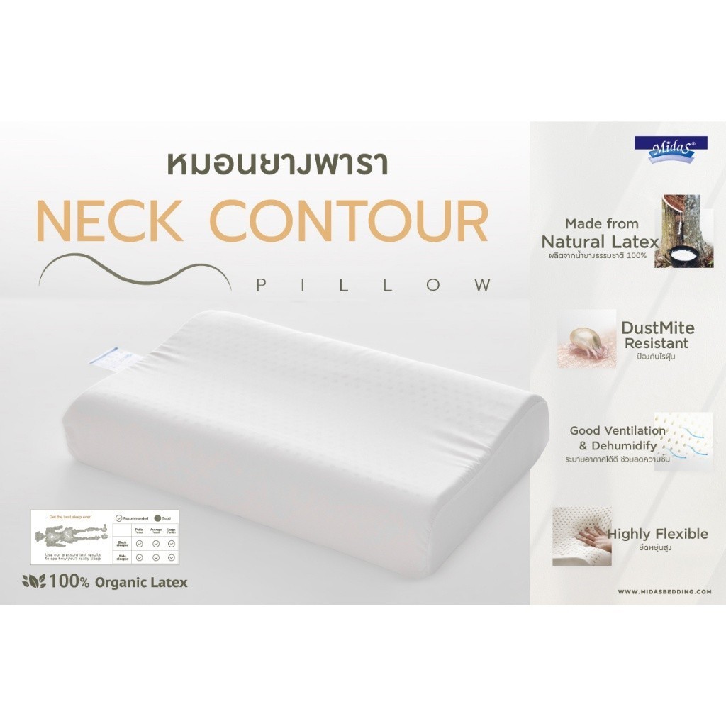 หลับสนิท Midas หมอนหนุนยางพารา ช่วยรองรับกล้ามเนื้อบริเวณคอได้อย่างดีเยี่ยม รุ่น Neck Contour