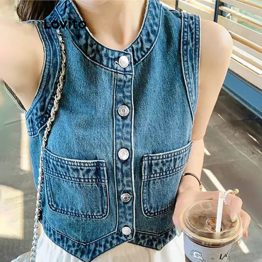 Lovito เสื้อยีนส์ผู้หญิง มีกระดุมหน้า มีกระเป๋า โลหะ สีพื้น สไตล์ลำลอง LNM66069