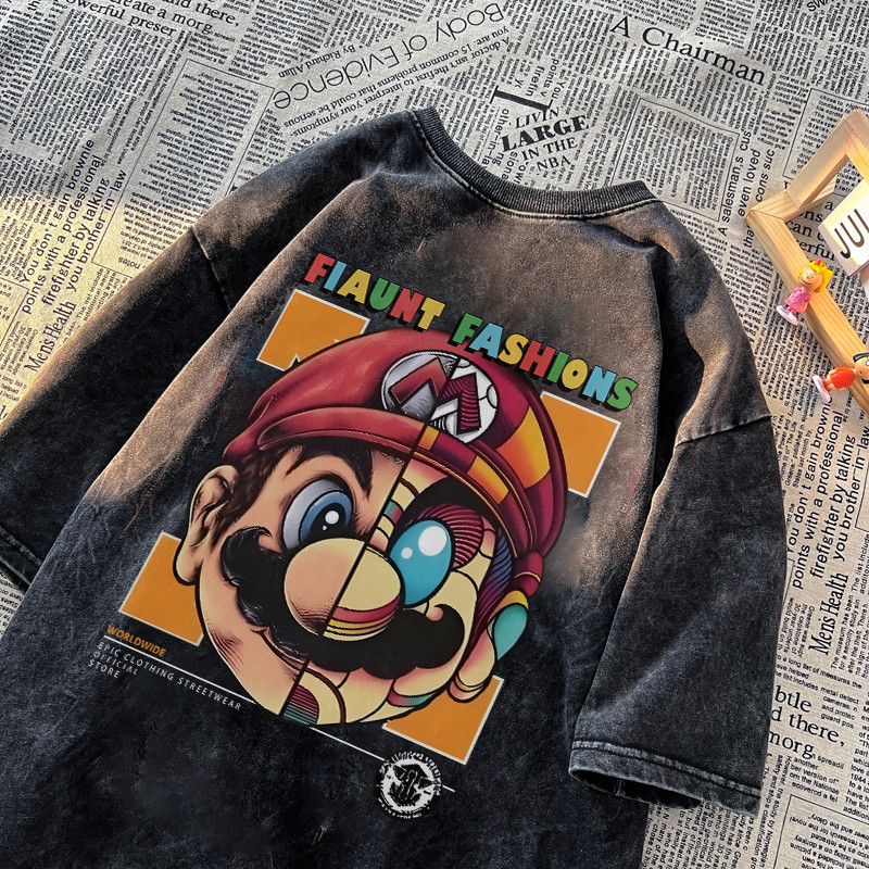 (จัดส่งตลอด 24 ชั่วโมง)Fanfei เสื้อยืดฟอก⚡Super Mario⚡️oversize ลายการ์ตูนวินเทจ สไตล์เกาหลี