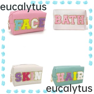 Eucalytus1 กระเป๋าเครื่องสําอาง หนัง PU ปักลายตัวอักษร มีซิป จุของได้เยอะ สําหรับเด็กผู้หญิง