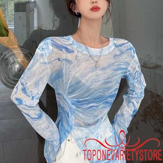 Topone- เสื้อยืดซีทรู แขนยาว พิมพ์ลายหมึก สําหรับผู้หญิง