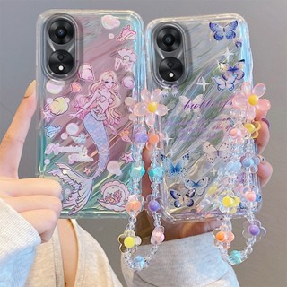 การ์ตูน เคส OPPO A78 A57 A77 5G 2022 A53 A31 A9 A5 2020 F11 F9 ถือลูกปัดเชือก เคสมือถือ 3D Cute Cartoon Case Twill mirror star rose mermaid NBA Wear a support hand rope bead Soft TPU Cover