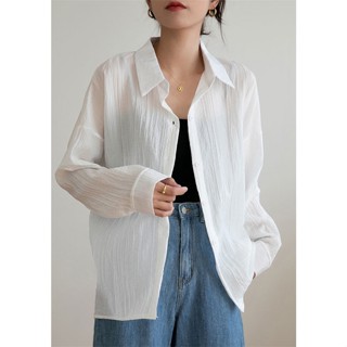 เสื้อเชิ้ตแขนยาว กันแดด ทรงหลวม แบบบาง สไตล์เกาหลี สําหรับผู้หญิง