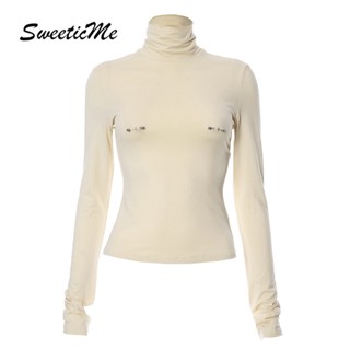 Sweeticme เสื้อยืดแขนยาว คอเต่า เข้ารูป สีพื้น แฟชั่นใหม่ สําหรับผู้หญิง 2023