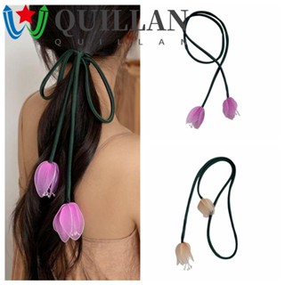 Quillan ยางมัดผมหางม้า ยาว ลายดอกทิวลิป สไตล์เรโทร สําหรับปาร์ตี้