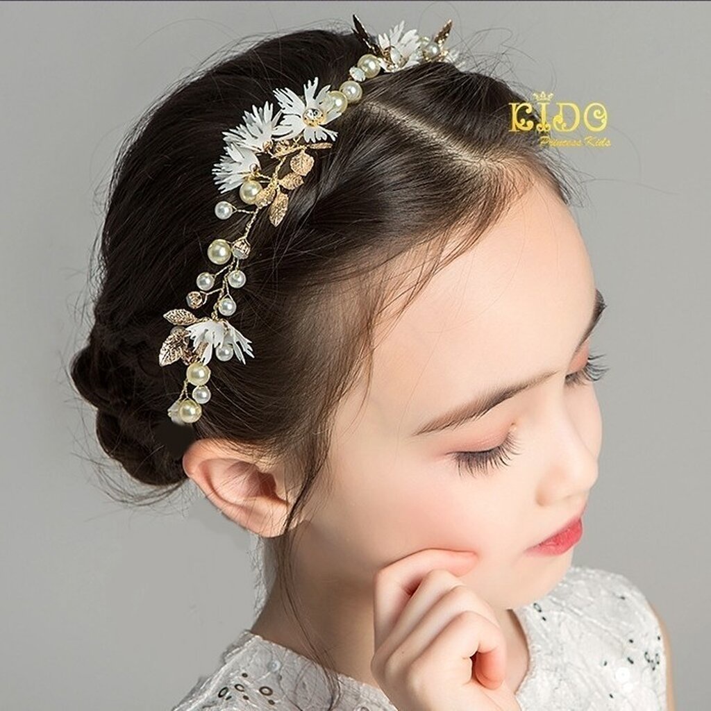 คาดผมเด็กหน้าร้านอยู่รัชดา)KF504 เส้นคาดผมดอกไม้สีขาวสลับทอง ประดับเพรช สวยน่ารัก