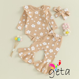 Geta- ชุดรอมเปอร์ แขนยาว พิมพ์ลายดอกไม้ วาฟเฟิล กางเกงขายาว ที่คาดผม โบว์ เสื้อผ้าเด็กแรกเกิด เด็กผู้หญิง ฤดูใบไม้ร่วง