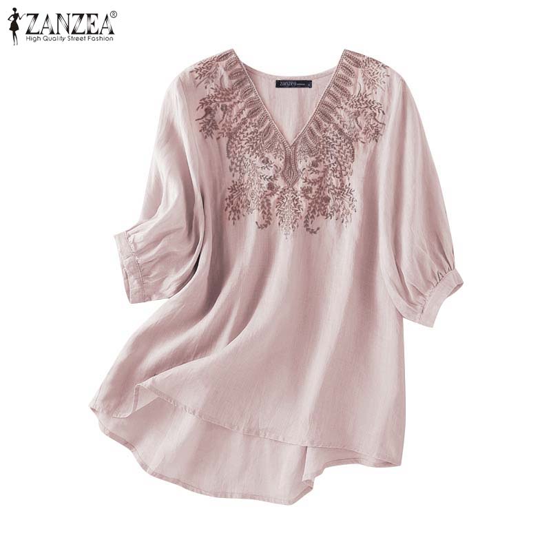 Zanzea เสื้อเบลาส์ คอวี แขนห้าส่วน จับจีบ ปักลายดอกไม้ สําหรับผู้หญิง