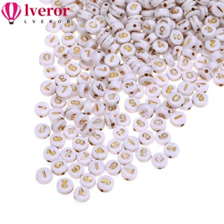Lveror ลูกปัดอะคริลิค ทรงกลม ตัวเลขสีทอง 4*7 มม. คุณภาพสูง สีขาว 500 ชิ้น