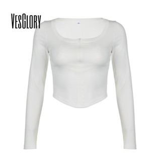 Vesglory เสื้อครอปท็อปแขนยาว คอกลม ทรงสลิมฟิต สีพื้น แฟชั่นสําหรับผู้หญิง 2023