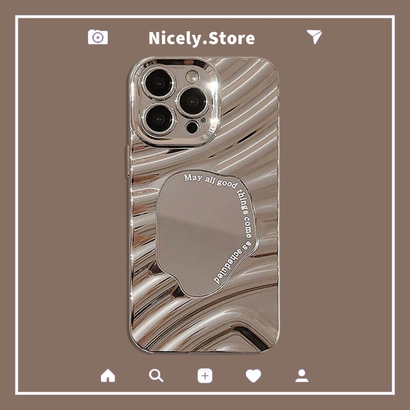 เคสโทรศัพท์มือถือ TPU กันกระแทก แบบเต็มเครื่อง ลายระลอกน้ํา มีกระจกแต่งหน้า สีเงิน สําหรับ iPhone 15 14 Plus 13 12 11 Pro Max X Xs Xr 8 7