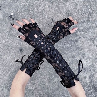 พร้อมส่ง ถุงมือยาว กันแดด ลายทาง แต่งลูกไม้ เซ็กซี่ สไตล์โลลิต้าพังก์ ระดับไฮเอนด์ สําหรับผู้หญิง