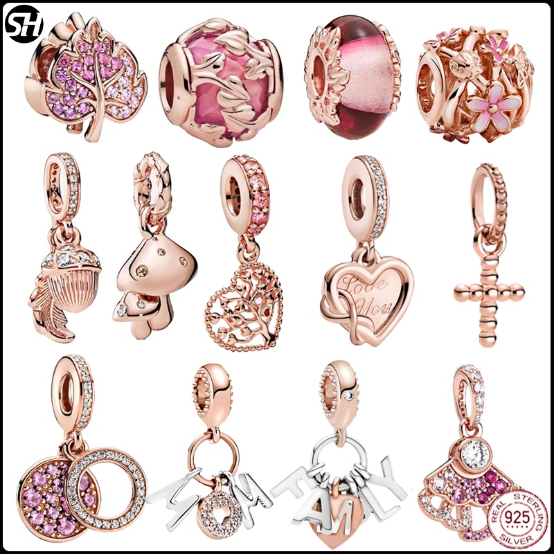 ใหม่ 925 Pandora Charms เงินสเตอร์ลิงฤดูใบไม้ร่วงใหม่ Charm ดอกไม้สีชมพู series Charm ลูกปัด fit Original Pandora สร้อยข้อมือผู้หญิง DIY เครื่องประดับ