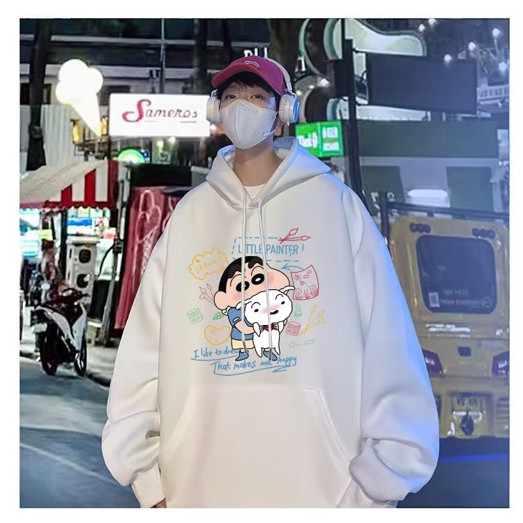 【ไซซ์ M-8xl】เสื้อแจ็กเก็ตกันหนาวแขนยาว มีฮู้ด ผ้าฝ้าย ผ้ากํามะหยี่ แบบหนา พิมพ์ลายการ์ตูนชินจัง โอเวอร์ไซซ์ สไตล์อเมริกัน เหมาะกับฤดูใบไม้ร่วง สําหรับผู้ชาย และคู่รัก