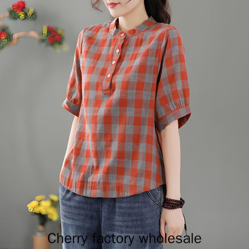 เสื้อเชิ้ตลําลอง  ทรงหลวม ขนาดใหญ่ ลายสก๊อต แฟชั่นเรโทร สําหรับสตรีวัยกลางคน