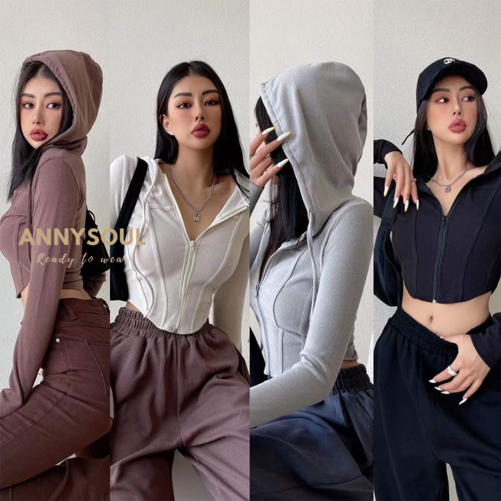 เสื้อครอปเเขนยาวมีฮู้ด แฟชั่นฤดูใบไม้ร่วง สําหรับผู้หญิง