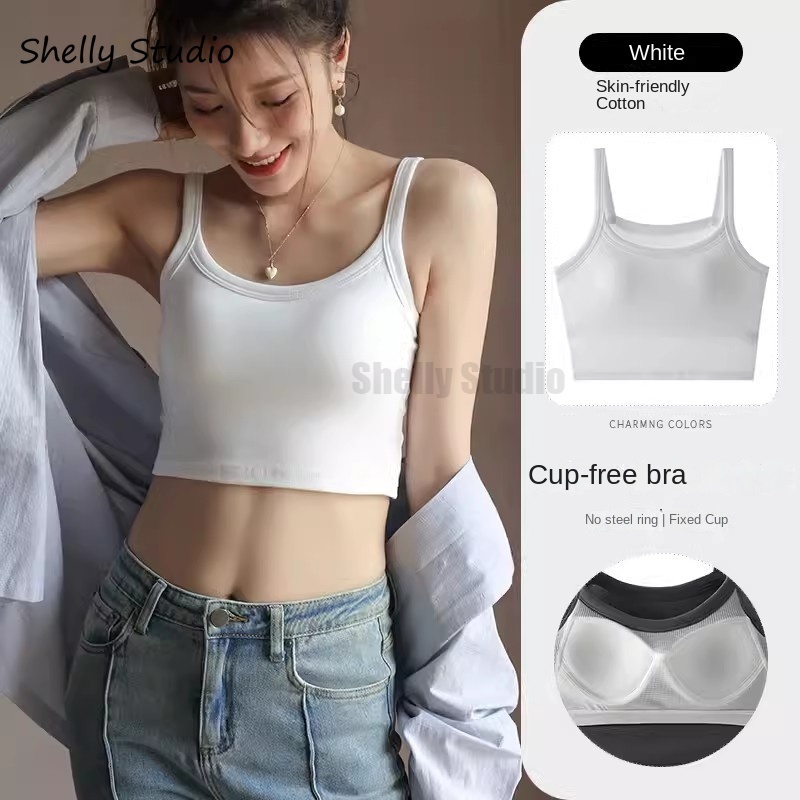 เสื้อกั๊กแขวน สําหรับผู้หญิง ในฤดูร้อน พร้อมเสื้อชั้นในในตัว และแผ่นปิดหน้าอก ผ้าฝ้ายแท้ สีขาว เสื้อโค้ทด้านล่างยาว