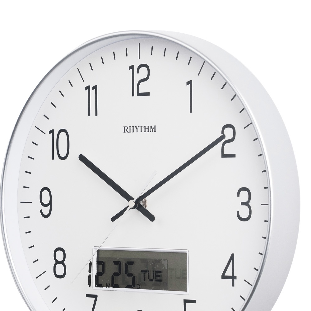 นาฬิกาออโต้ นาฬิกาแขวนผนัง RHYTHM นาฬิกาแขวนผนังโมเดิร์น ขอบสีเงิน ขนาด 30.5 ซม. มีจอดิจิตอล แสดงวันที่ เครื่องเดินเงียบ