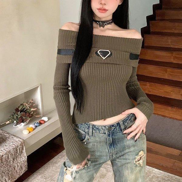 AL-CF0674 เสื้อไหมพรมแขนยาวเปิดไหล่ เสื้อไหมพรมเปิดไหล่แขนยาว เสื้อไหมพรมแต่งเข็มขัด งานเก๋ๆ #31047