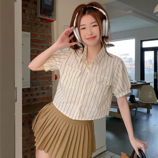 🌻Lune_Grace🌻W264#เสื้อเชิ้ดแขนสั้นลาายทางวินเทจสำหรับผู้หญิง คอปกตัวสั้น