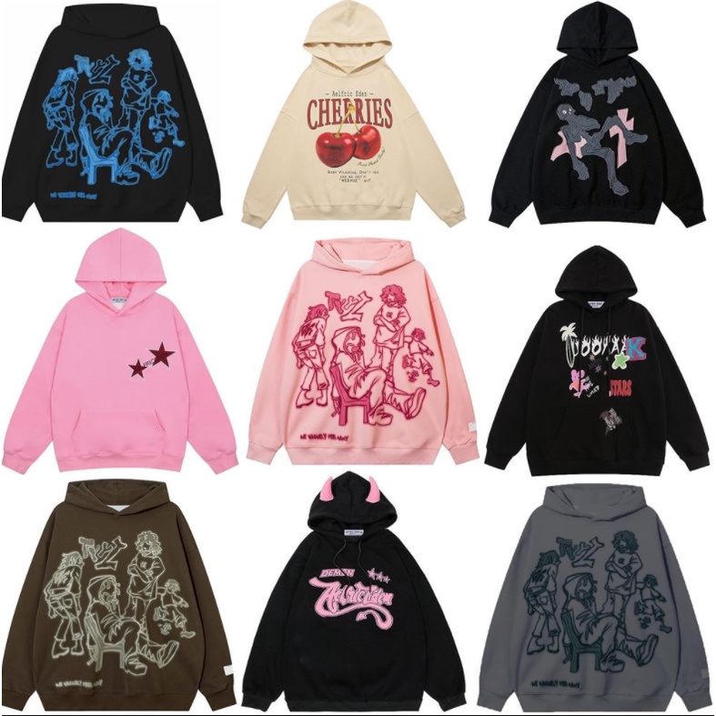 ใหม่ เสื้อกันหนาว คอกลม มีฮู้ด ทรงหลวม พิมพ์ลาย Y2K สไตล์ฮิปฮอป โอเวอร์ไซซ์ แฟชั่นสําหรับผู้ชาย และผู้หญิง 2024