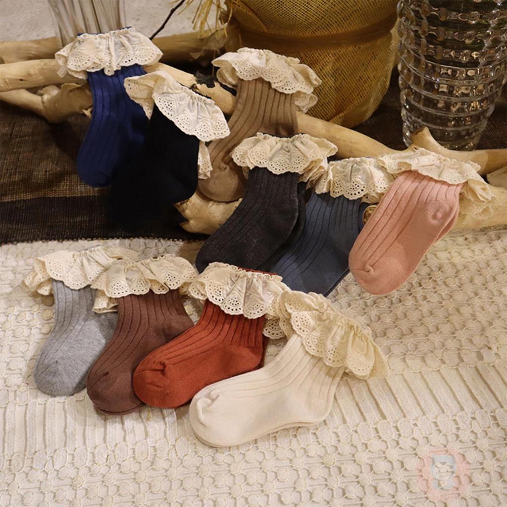 Laa6-เด็กวัยหัดเดิน Ribbed Lacing Hem ข้อมือยืดหยุ่นสีทึบถุงเท้ายาวปานกลาง