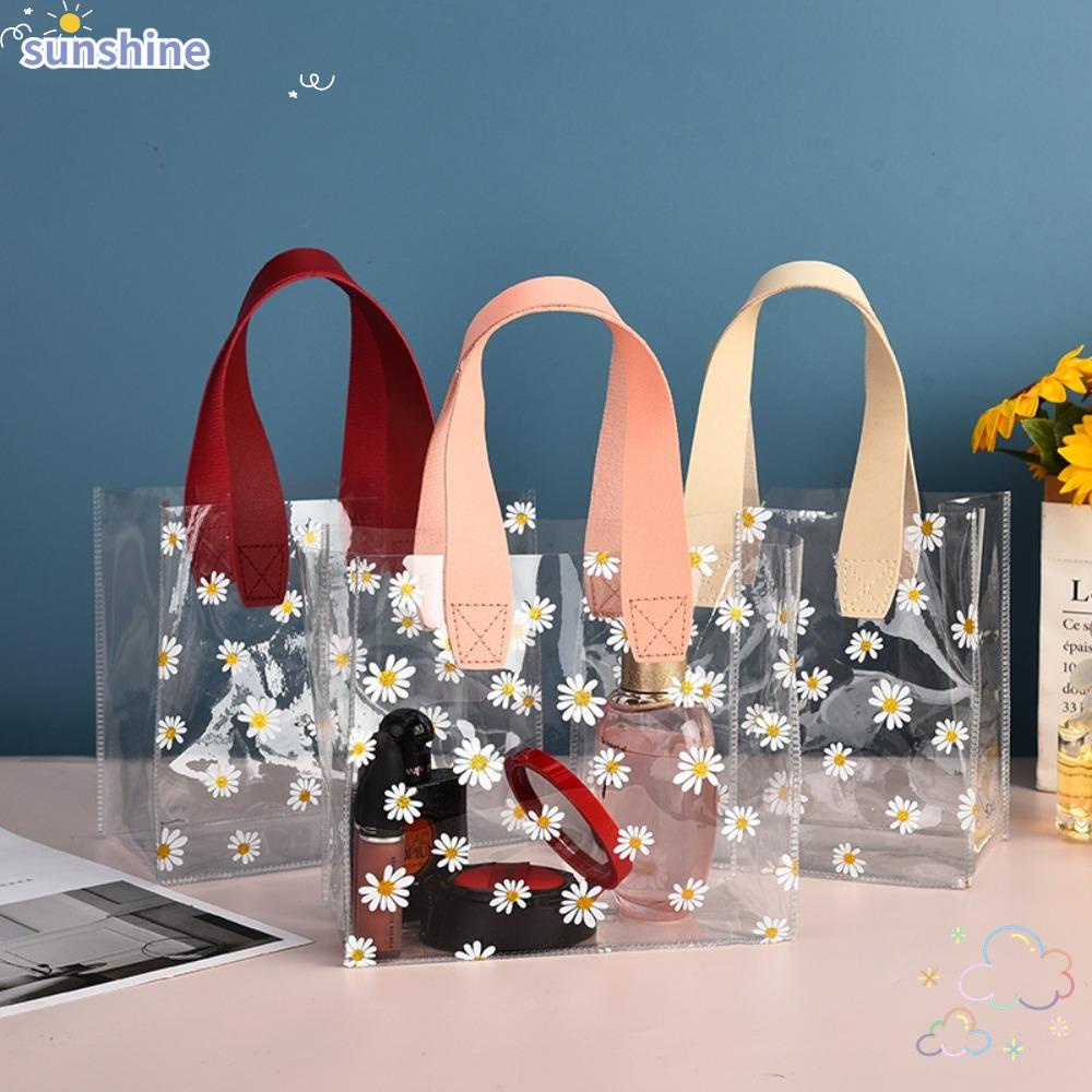 Ssunshine กระเป๋าช้อปปิ้ง PVC ใส หูหิ้ว ลายดอกเดซี่น้อย สําหรับใส่ของขวัญ