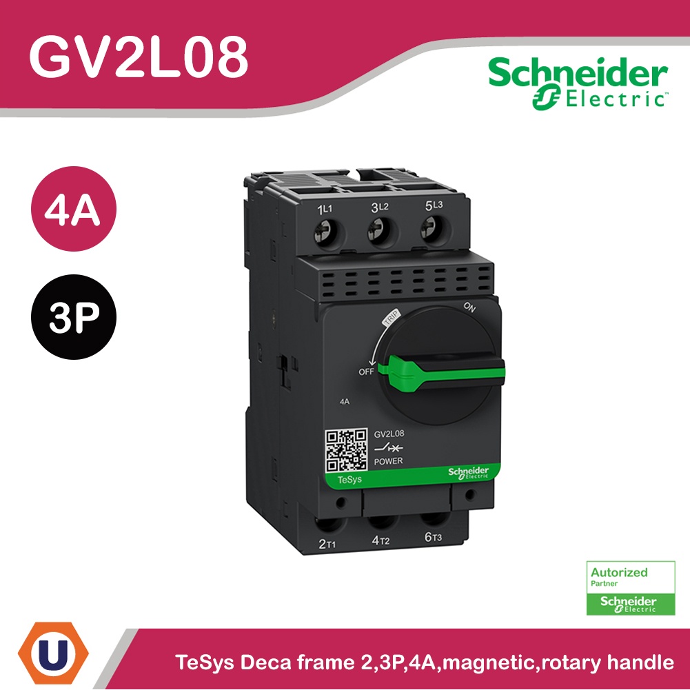 Schneider Electric Motor circuit breaker แบบลูกบิด,TeSys GV2, 3P, 4 A, 1.1 kw at 400 V l GV2L08 l Uc