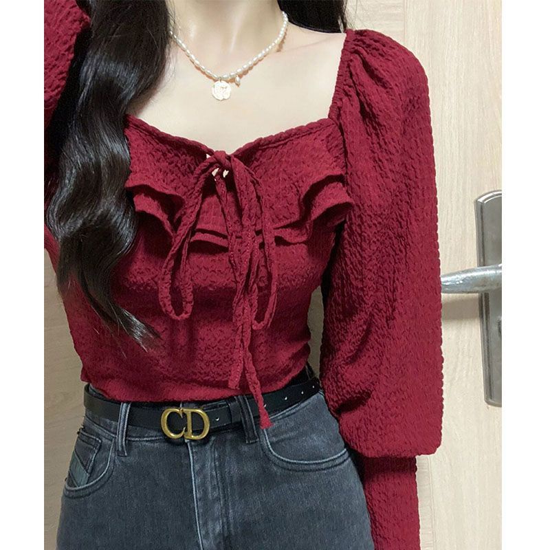 เสื้อเชิ้ต คอสี่เหลี่ยม ตัวสั้น สีแดง สไตล์ตะวันตก แฟชั่นฤดูใบไม้ร่วง สําหรับผู้หญิง