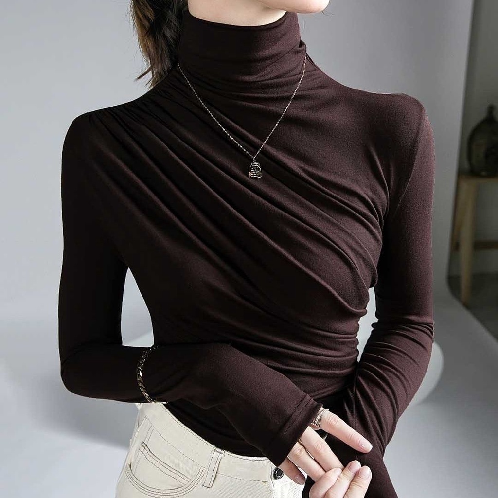 เสื้อยืด คอเต่า จับจีบ เข้ารูป แฟชั่นฤดูใบไม้ร่วง สําหรับผู้หญิง