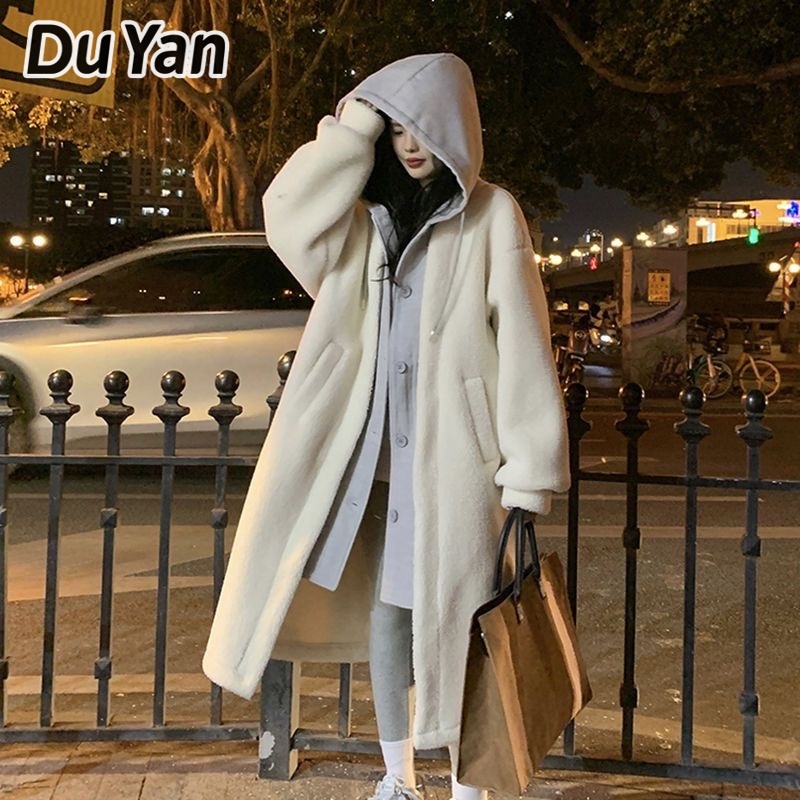 Du Yan เสื้อแจ็กเก็ตกระโปรงยาว มีฮู้ด ทรงหลวม แฟชั่นฤดูใบไม้ร่วง และฤดูหนาว สไตล์เกาหลี