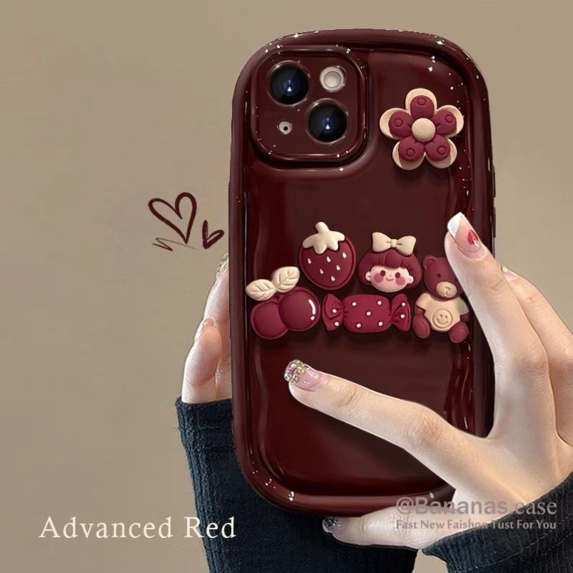 Iphone 16 15 14 13 12 11 Pro Max X Xr Xs Max เคสโทรศัพท์ 3D DIY ไวน์แดงสาวน่ารักปกอ่อน