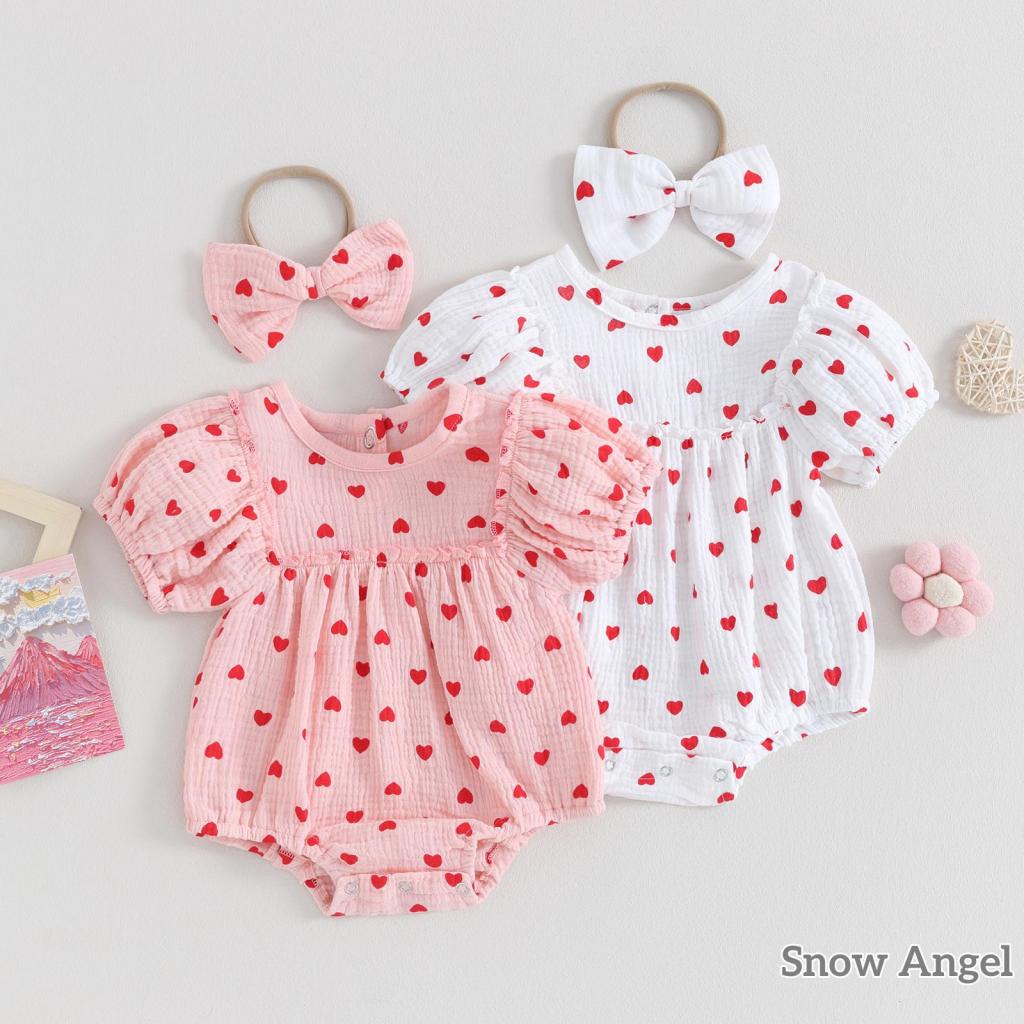 Grao-infant จั๊มสูทวันวาเลนไทน์สําหรับเด็กผู้หญิงพร้อมที่คาดผมโบว์แขนสั้นคอกลมพิมพ์ลายหัวใจ