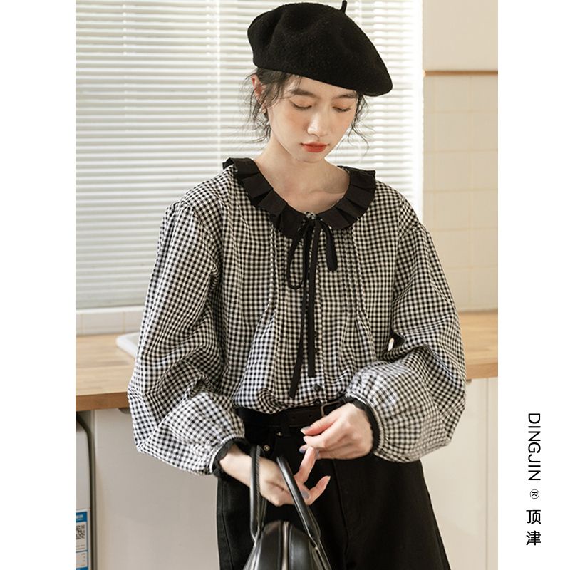 ขนาดเล็กสดลายสก๊อตตุ๊กตาปกเสื้อผู้หญิงแขนยาวออกแบบ ซอก ต้นฤดูใบไม้ร่วงสไตล์ใหม่ ย้อนยุค ผอมลง ดู สูงสุด