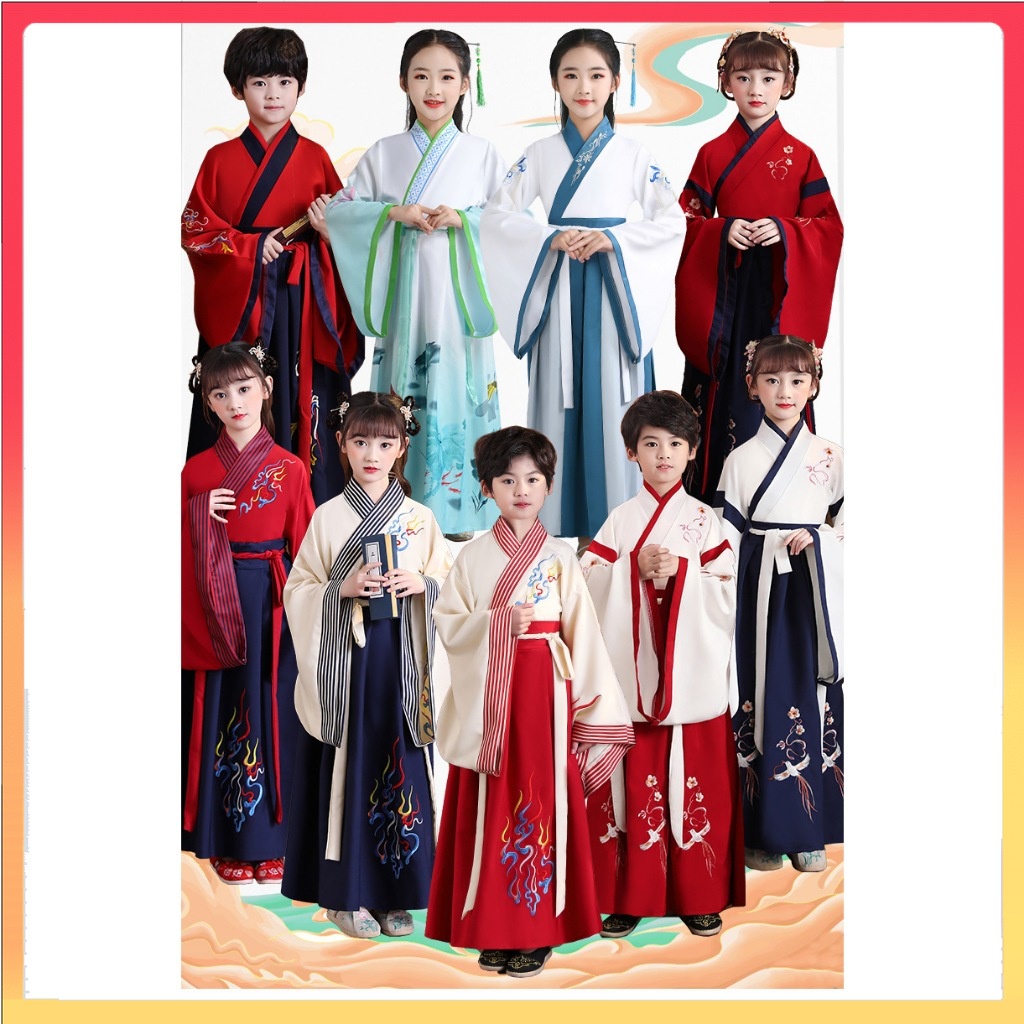 [3-13 ปี] (พร้อมสต็อก) เด็กเด็กสาว ระหว่าง ฮันฟู จีนเด็กเครื่องแต่งกาย โคสตัม เด็กผู้ชายจีนปีใหม่เสื้อผ้า 儿童 古童装裙 女裙 服