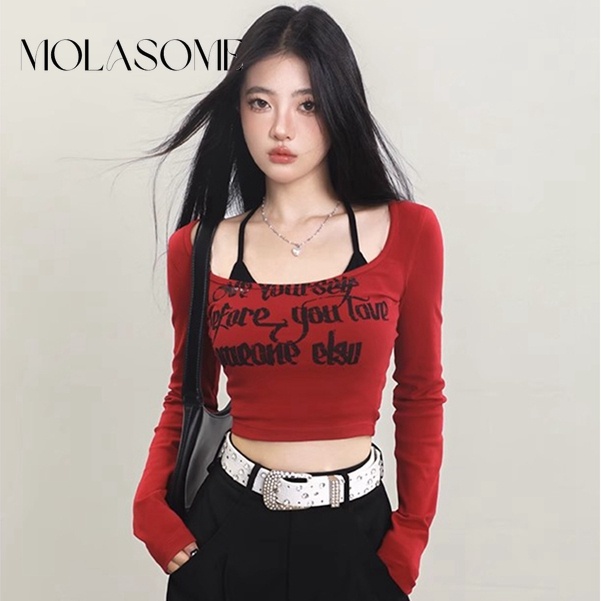 Molasome เสื้อยืดแขนยาว คอสี่เหลี่ยม พิมพ์ลาย เข้ารูป เข้ากับทุกการแต่งกาย สําหรับผู้หญิง 2024