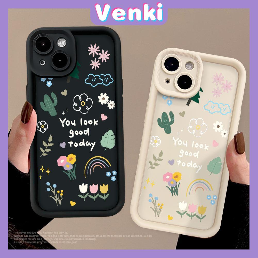 VENKI - เข้ากันได้สำหรับ เคสไอโฟน11 เคส iphone 11 15 pro max สีดำสีขาวเรียบนุ่ม TPU ป้องกันกล้องกันกระแทกพืชที่เรียบง่ายดอกไม้สีรุ้งเข้ากันได้กับ iPhone 14 13 12 11 PRO MAX XR XS 7 8 PLUS