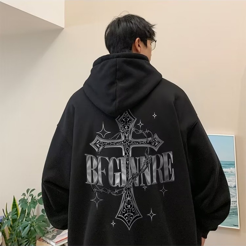 เสื้อกันหนาวลําลอง คอกลม มีฮู้ด พิมพ์ลายไม้กางเขน ขนาดใหญ่ สไตล์อเมริกัน แฟชั่นสําหรับผู้ชาย และผู้หญิง ไซซ์ M - 8XL