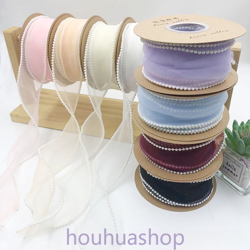 พร้อมส่ง ริบบิ้นผ้ากอซ ลายหางปลา ประดับมุก หลากสี 4 ซม. สไตล์เกาหลี DIY